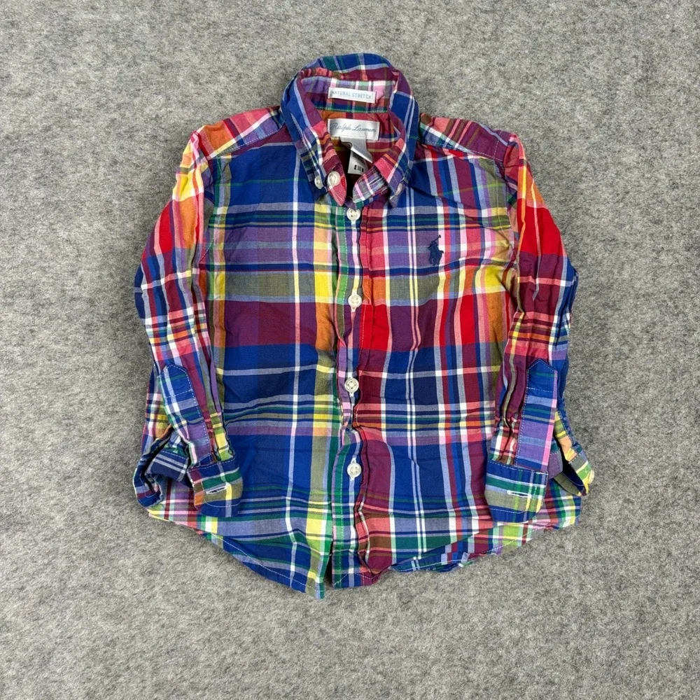Ralph Lauren Button Down Shirt Unisex 12 Month Multi-Color Plaid Madras Preppy